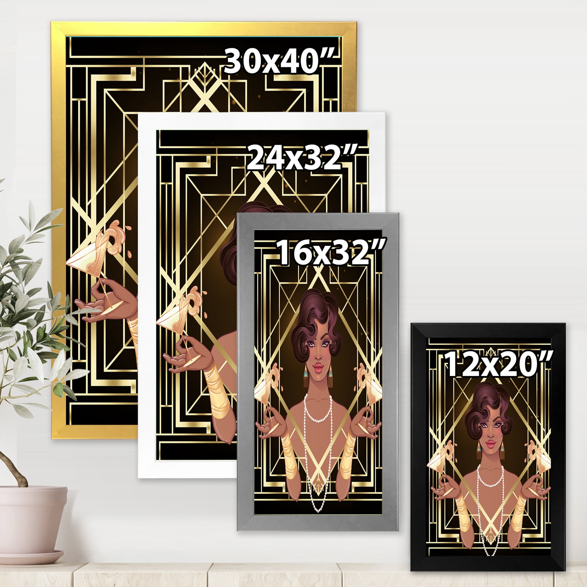 Designart 'Retro Girl In Golden Art Deco Geometrics I' Modern Framed Art Print