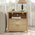 thumbnail image 3 of Satifur Nightstand with Rattan Style Finish & Charging Station, 2-Drawer Bedside Table with Open Shelf, for Bedroom Living Room, Natural Oak, 3 of 7