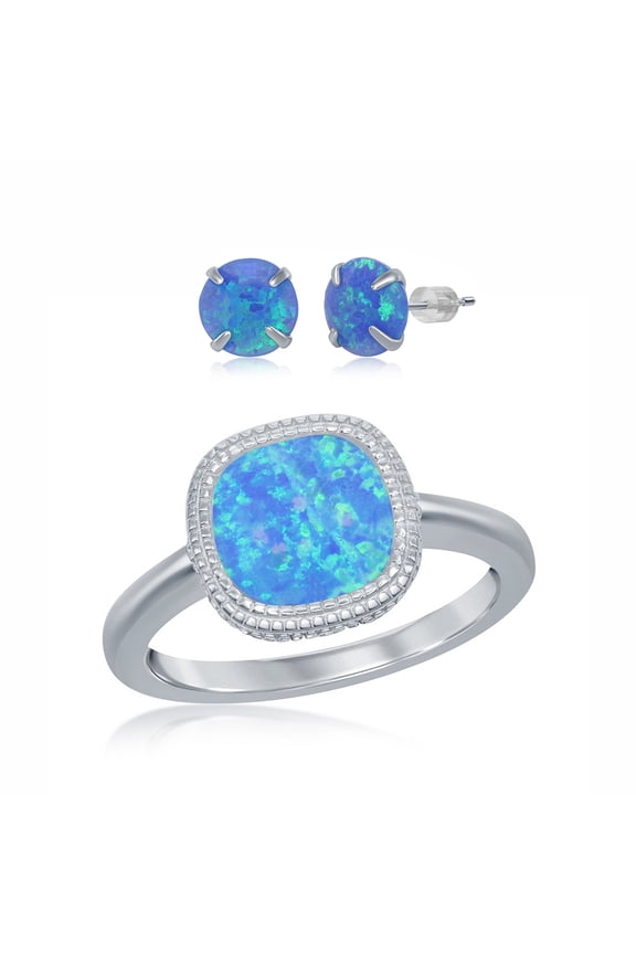 925 Sterling Silver Rhodium Plated 10mm Square White/Blue Created Opal Ring Including 6mm Round Blue Created Opal Stud Earrings Jewelry Set