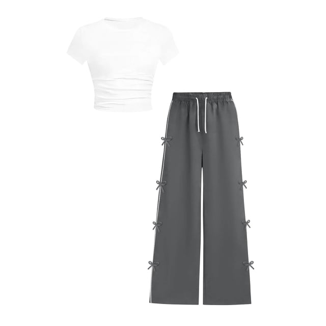 Zpanxa Girls Sets Ruched Short Length T Shirt with Bow Pocket and Long Pants Set 12-13 Years