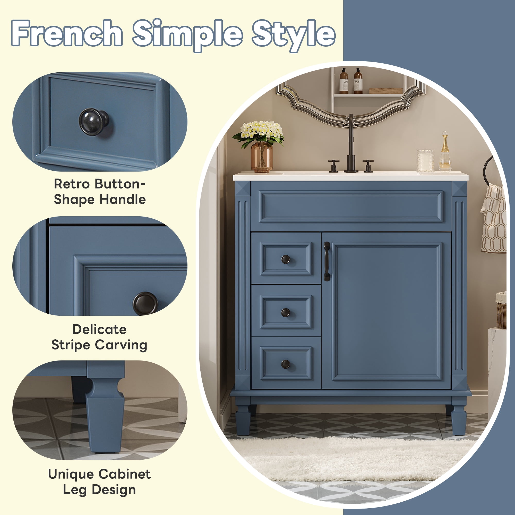 Euroco 30" Bathroom Vanity with Ceramic Sink, Small Bathroom Sink Cabinet, Modern Cabinet with 2 Drawers and Adjustable Shelf