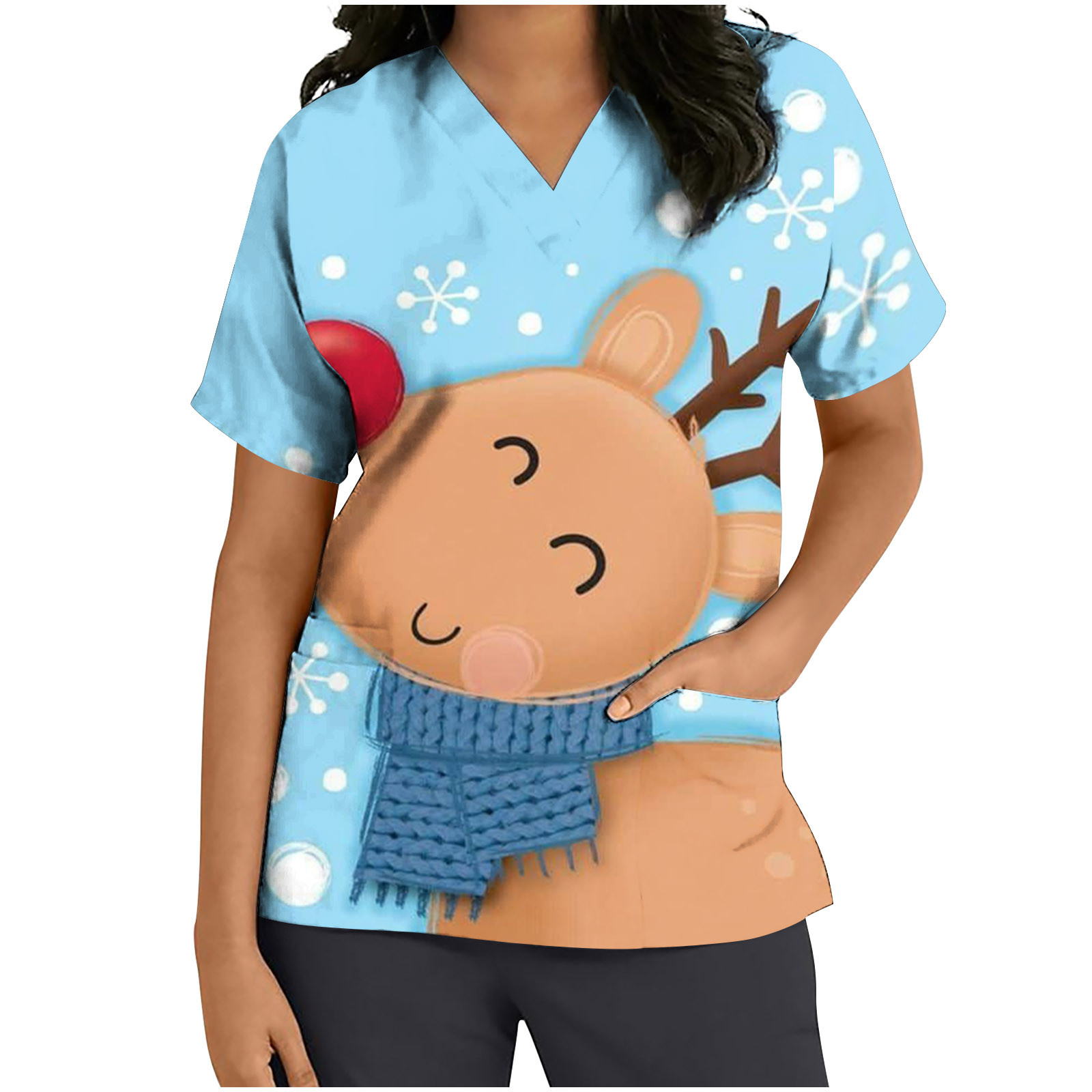 XFLWAM Christmas Scrubs Tops for Women Plus Size Short Sleeve V Neck