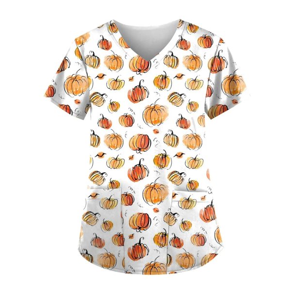 Blusa de manga corta con cuello en V para mujer, blusa de bolsillo con estampado de uniforme de trabajo Pompotops hkajfhjk473483