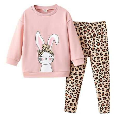 

QYZEU Trendy Clothes for Teen Girls Girl Clothes 3T-4T Toddler Girls Boys Baby Soft Casual Sports Cartoon Bunny Prints Long Sleeve Sweatshirt Leopard Prints Pants Kids Sleepwear Sets