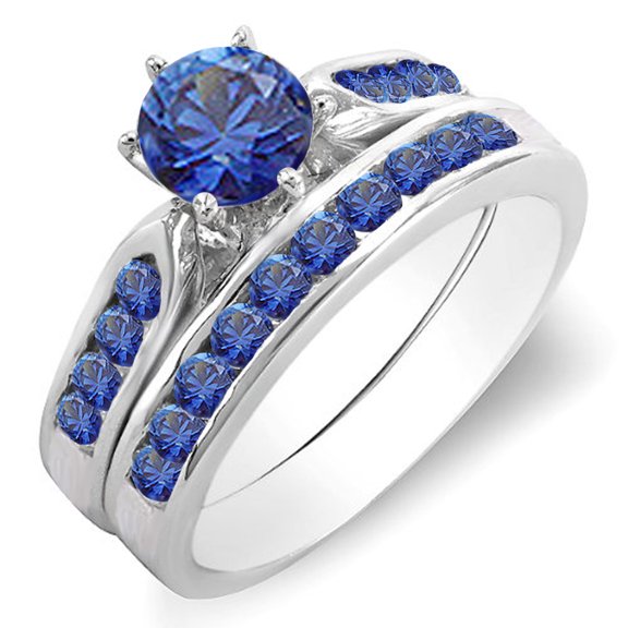 Dazzlingrock Collection 10K Round Blue Sapphire Ladies Bridal Engagement Ring Set, White Gold, Size 7