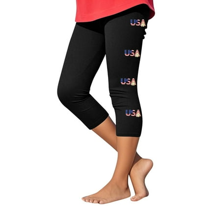 Girls Leggings Flag Print 4th Of July Elastic Waist Capri Pants Summer Casual Comfy Fitness Yoga Pant Slim Fit (8 Years Black)