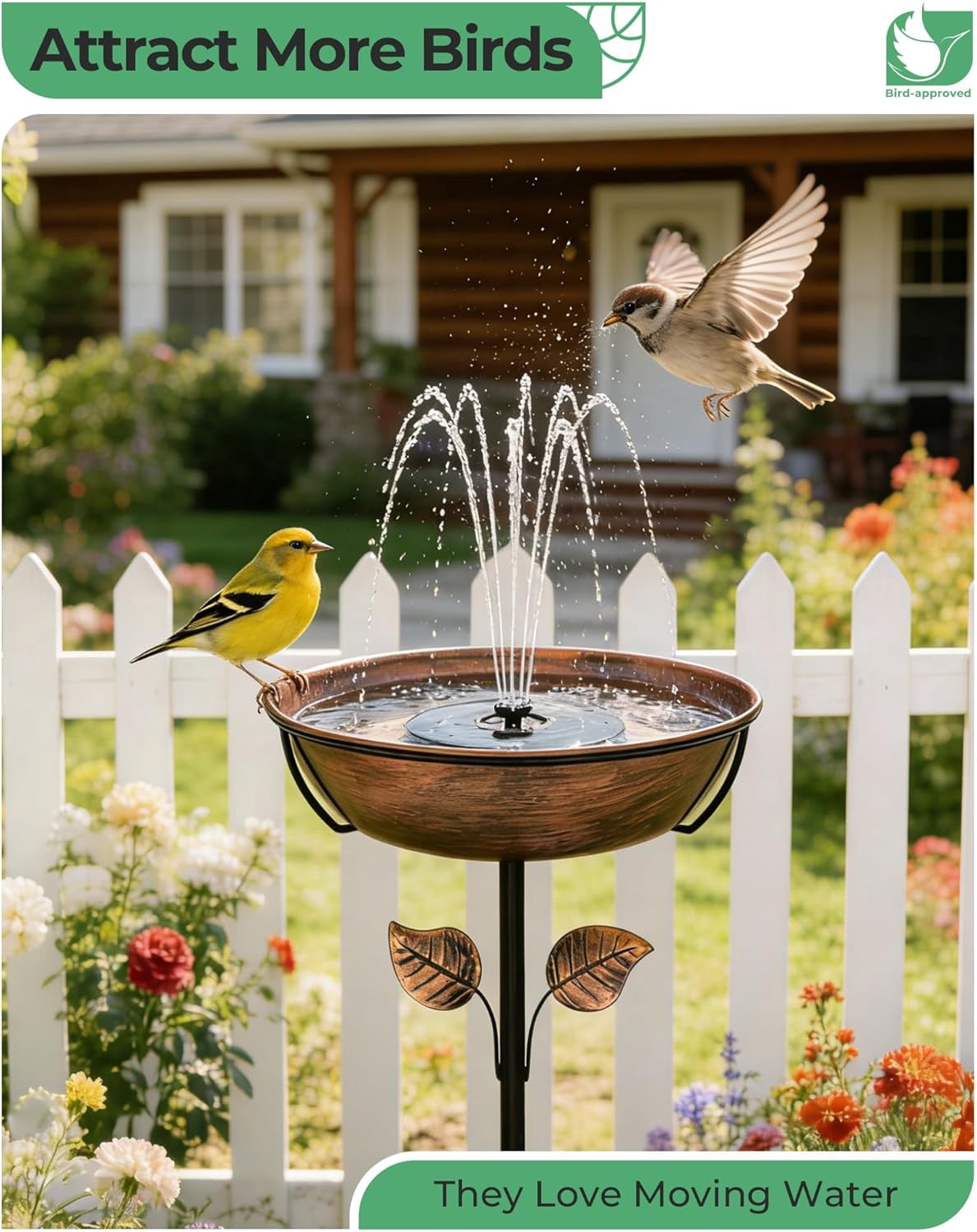 Metal Bird Bath with Solar Fountain - 13" Large Outdoor Birdbath Bowl + 6.3" Solar Pump with Battery & LED Lights | 1.4 Gallon Garden Bird Bath for Yard, Lawn, Patio, Flowing Water Feature