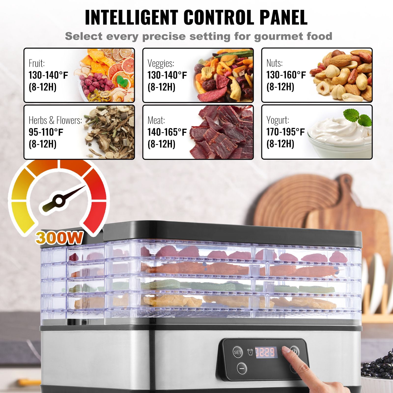5-Tray Food Dehydrator Machine with 300W Power, 95-158°F Adjustable Temp, 0.5-48H Timer, 360° Air Circulation, BPA-Free for Jerky Fruit