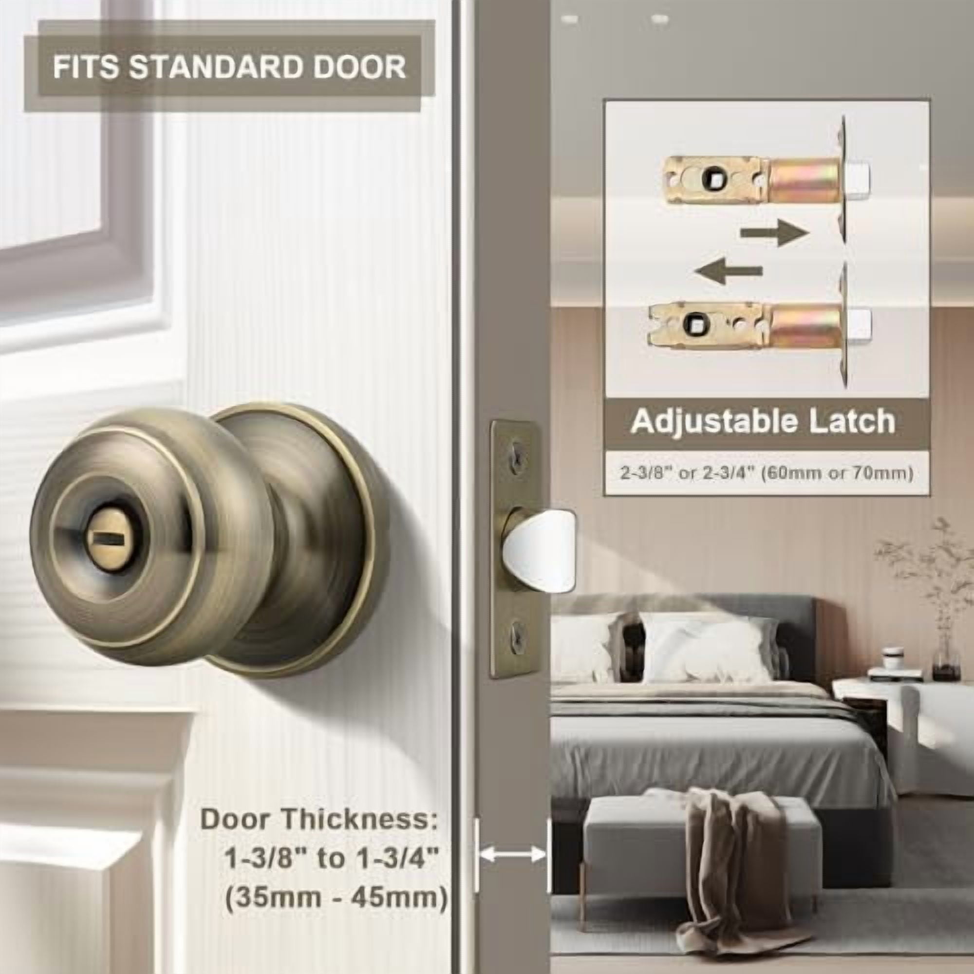 1 Pack Privacy Door Knobs Lock Interior Bedroom Bathroom Doorknobs Antique Brass Round Ball Keyless Lockset