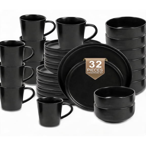 32-Piece Ceramic Dinnerware Set for 8 Black Dishwasher and Microwave Safe