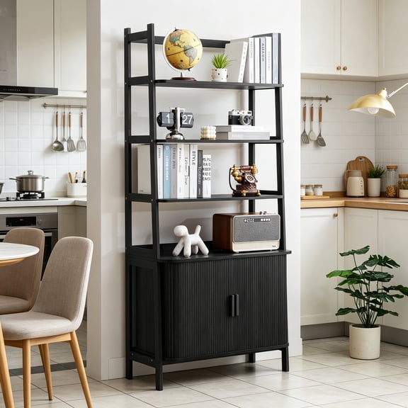 4-Tier Bookshelf, Tall Bookcase with Open Shelf and Sliding Door, 67” Freestanding Storage Organizer Display Cabinet for Living Room, Home Office (Black)