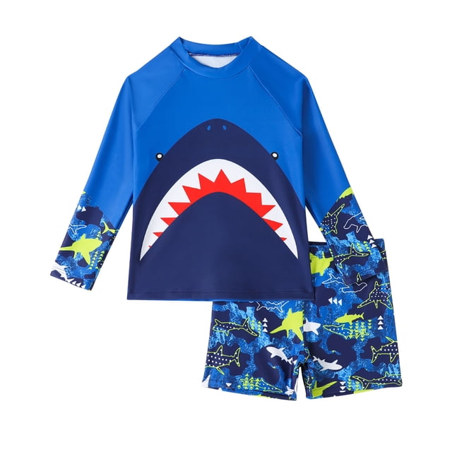 Swim Set for Boys with Long Sleeve Rash Guard and Matching Swim Trunks, Shark Print, UPF 50+ Sun Protection, Nylon 80% Elastane 20%, for Ages 4–8 Years