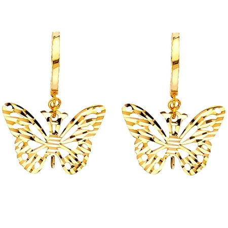 GemApex - Butterfly Dangle Earrings 14k Yellow Gold Diamond Cut Drop ...