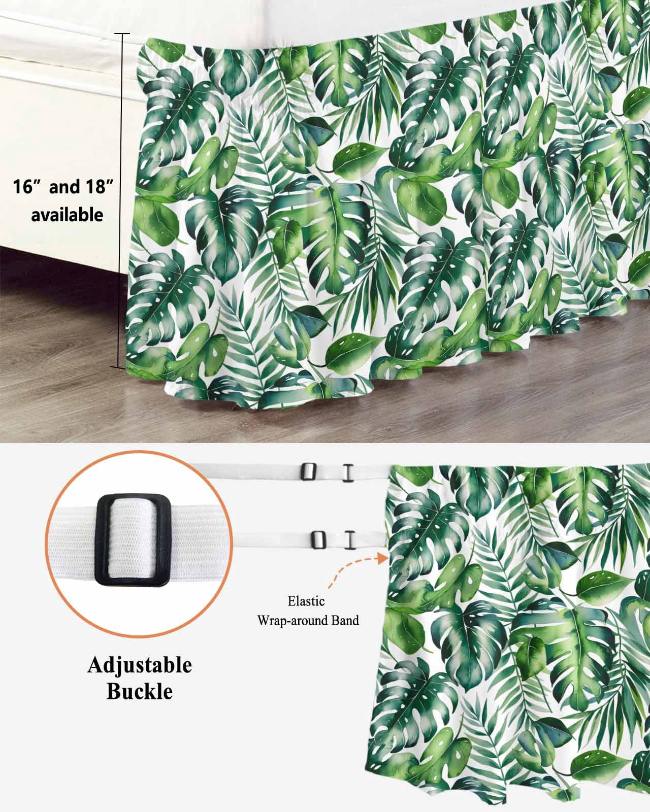 Tropical Bed Skirt Queen Size, Green Palm Leaf Summer Plant Wrap Around Bed Skirting with Adjustable Elastic Strap, Dust Ruffle Pleated Bedskirts 18 Inch Drop for Bedroom Queen Beds