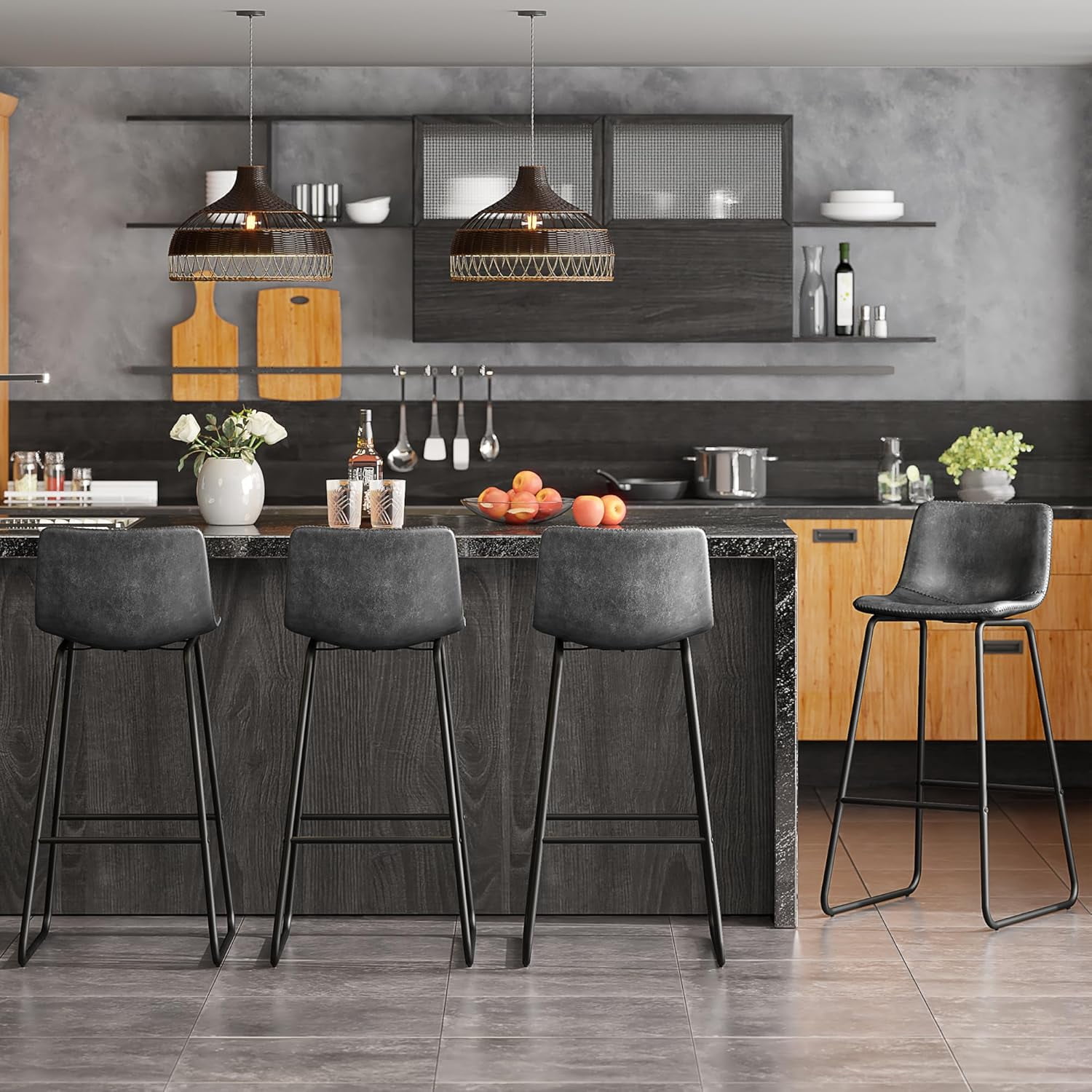 GIKPAL Bar Stools 30" Faux Leather Counter Height Barstools with Back Set of 6, Modern Counter Stools with Metal Legs and Footrest, Armless Chairs with Back for Kitchen Living Room Pub,Gray