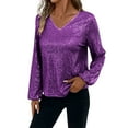 thumbnail image 3 of YanHoo Sparkly Sequin Shirts for Women Lantern Long Sleeve V Neck Dressy Blouses Glitter Shimmer Disco Party Club Concert Outfits Purple,L, 3 of 8