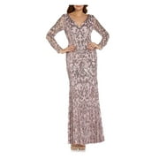 ADRIANNA PAPELL Womens Pink Sequined Zippered Sheer Darted Lined Long Sleeve V Neck Full-Length Formal Gown Dress 2