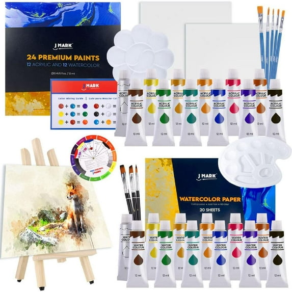 Acrylic and Watercolor Paint Set – 40-Piece Art Canvas Painting Kit for Adults, 24 Acrylic and Watercolor Paints, Wood Easel, Canvases, Watercolor Paper, Brushes, Palettes, Color Mixing Guide