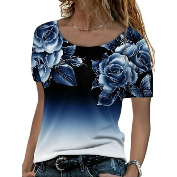 DYMADE Women Slim Fit Crew Neck Rose Print Short Sleeve Top