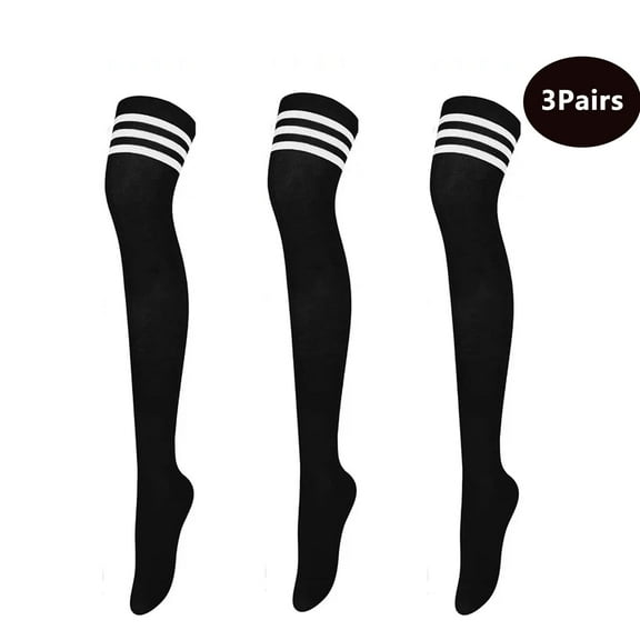 3 Pairs Over Knee Thigh Socks Knee-High Warm Stocking Women Boot Sock Leg Warmer High Socks for Daily Wear, Cosplay(Black,Striped)