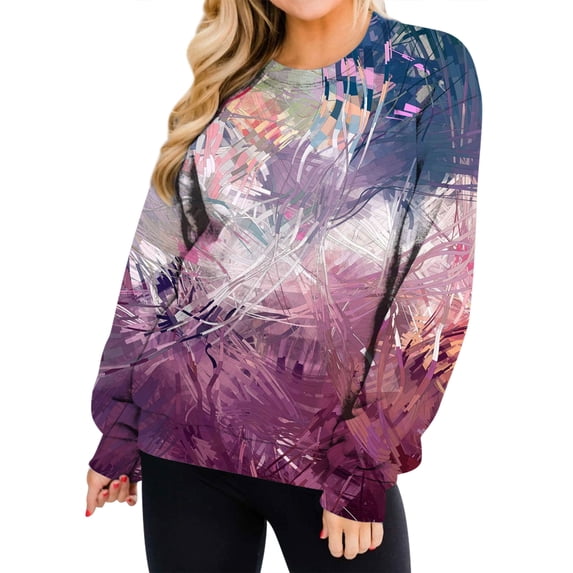 TWZH Women 3D Contrast Color Graffiti Print Crew Neck Long Sleeve Blouse