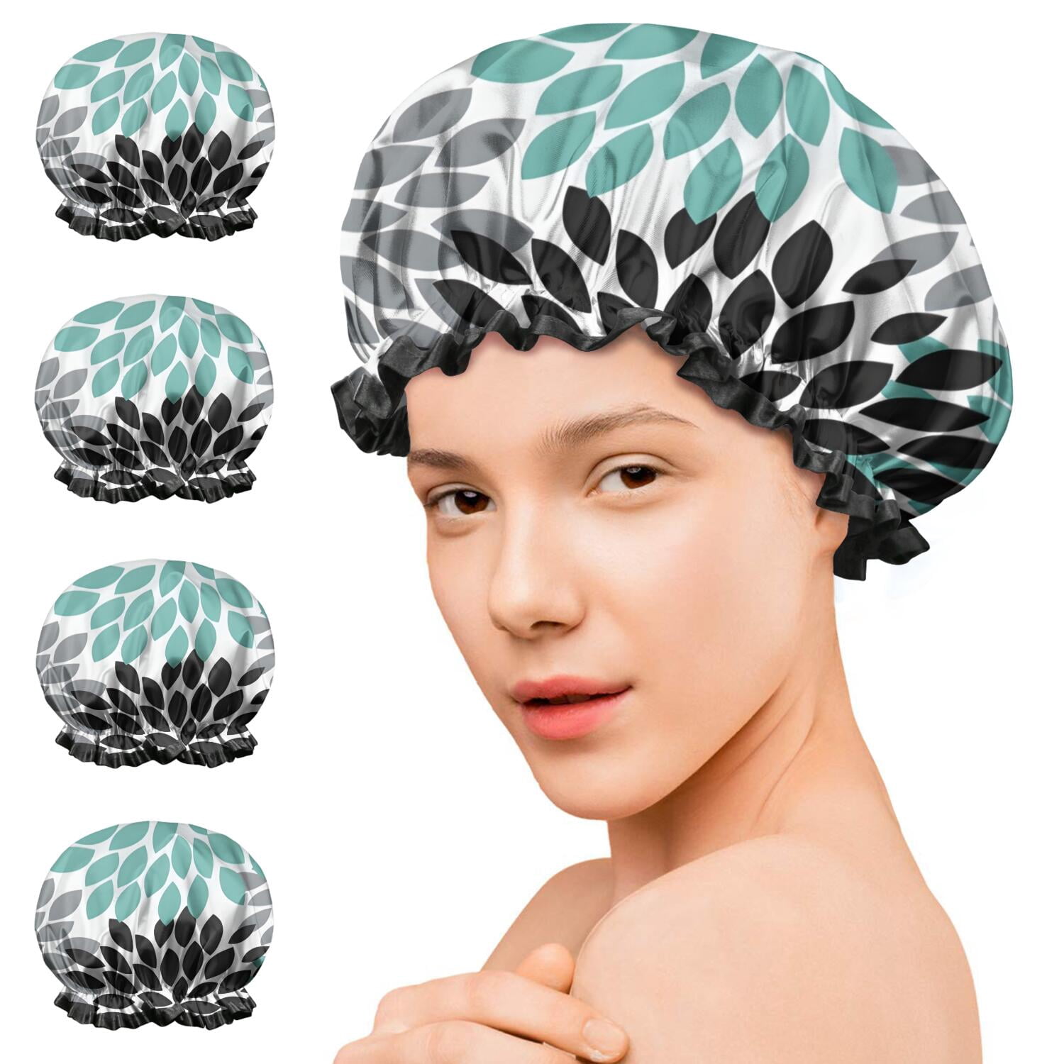 Shower Caps,Simple Petal Shaped Geometric Floral Pattern Waterproof Shower Cap for Women 4 Pieces,Double Reusable Hair Cover for Shower PEVA Elastic Stretch Hem