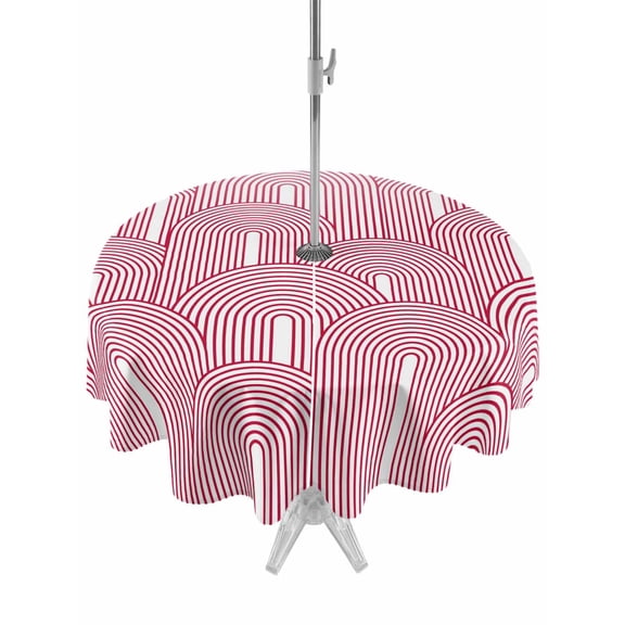 Outdoor Tablecloth with Umbrella Hole for Patio/Picnic/Party/Camping, Red Ombre Waterproof Table Cloth Round Cover Washable, Farmhouse Stripes Modern Abstract Art (Dia 54")