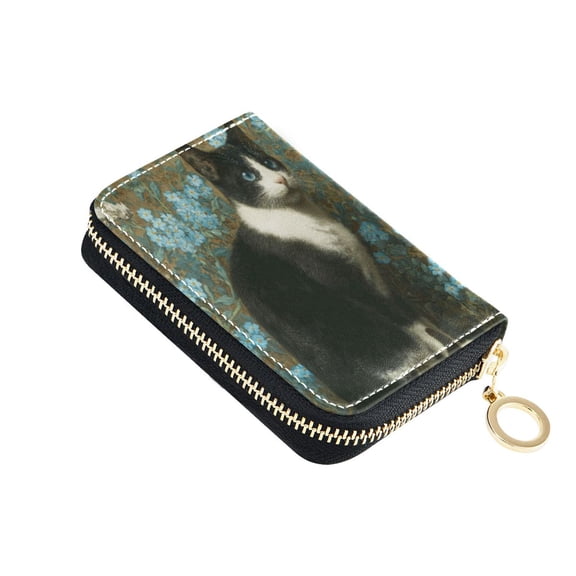 Leather Card Holder Wallet with Zipper RFID Blocking 9 Card Slots 2 Coin Pockets Compact Pocket Size Tuxedo Cat