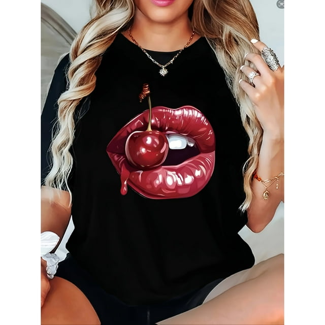 Chic Regular Size Short Sleeve T-Shirt for Women - Casual Crew Neck with Geometric Print, Stretchy & Comfortable Cotton Blend, Perfect for Summer