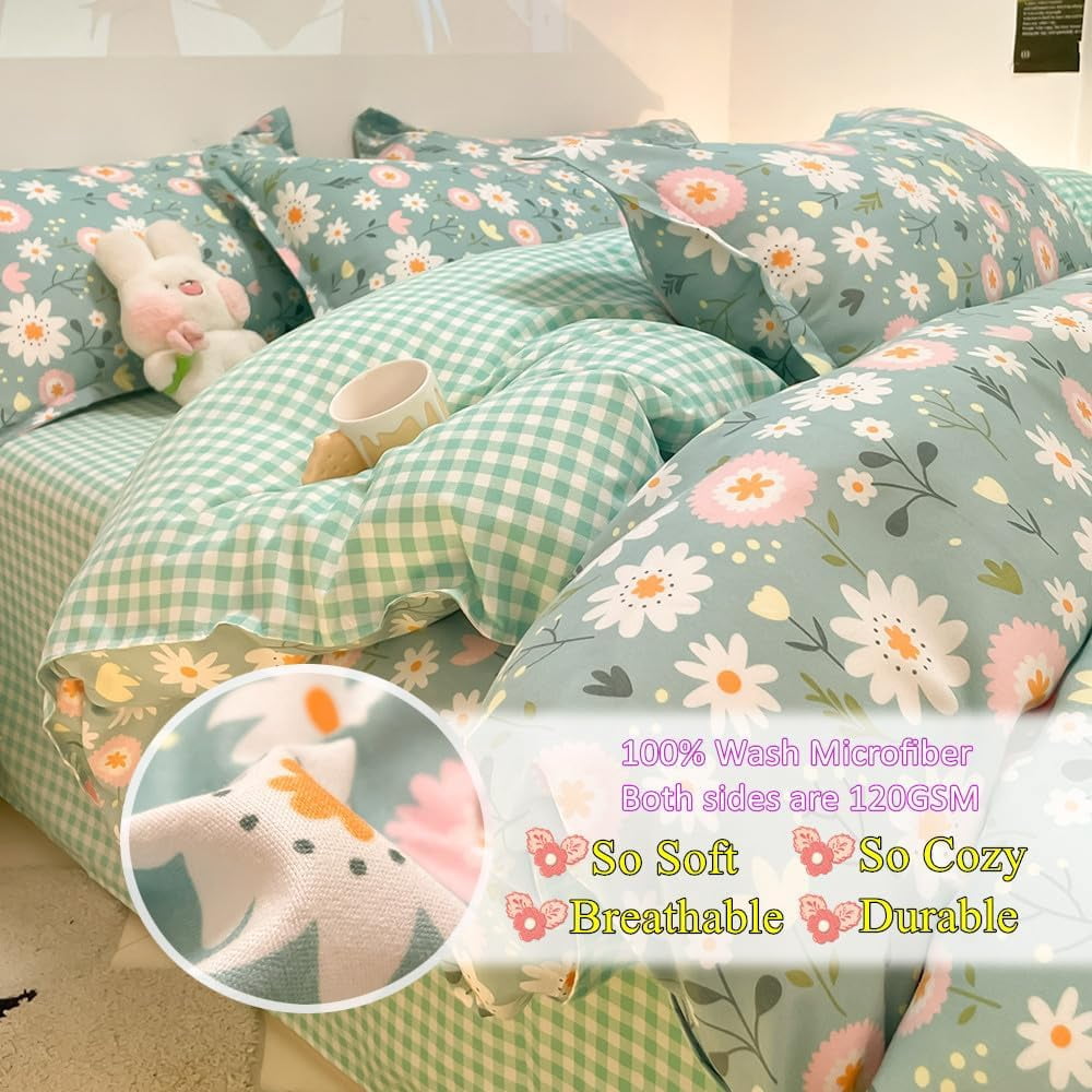 CinYana Sage Green Duvet Cover,Botanical Daisy Floral Duvet Cover Set,3 Pcs Kids Comforter Cover Set,Garden Flower Bedding Set,Soft Reversible for Girls Women Boys