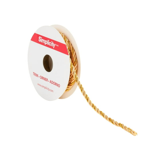 Simplicity Trim, Gold 3/16 inch 3 Ply Twisted Cord Trim Great for Apparel, Home Decorating, and Crafts, 2 Yards, 1 Each