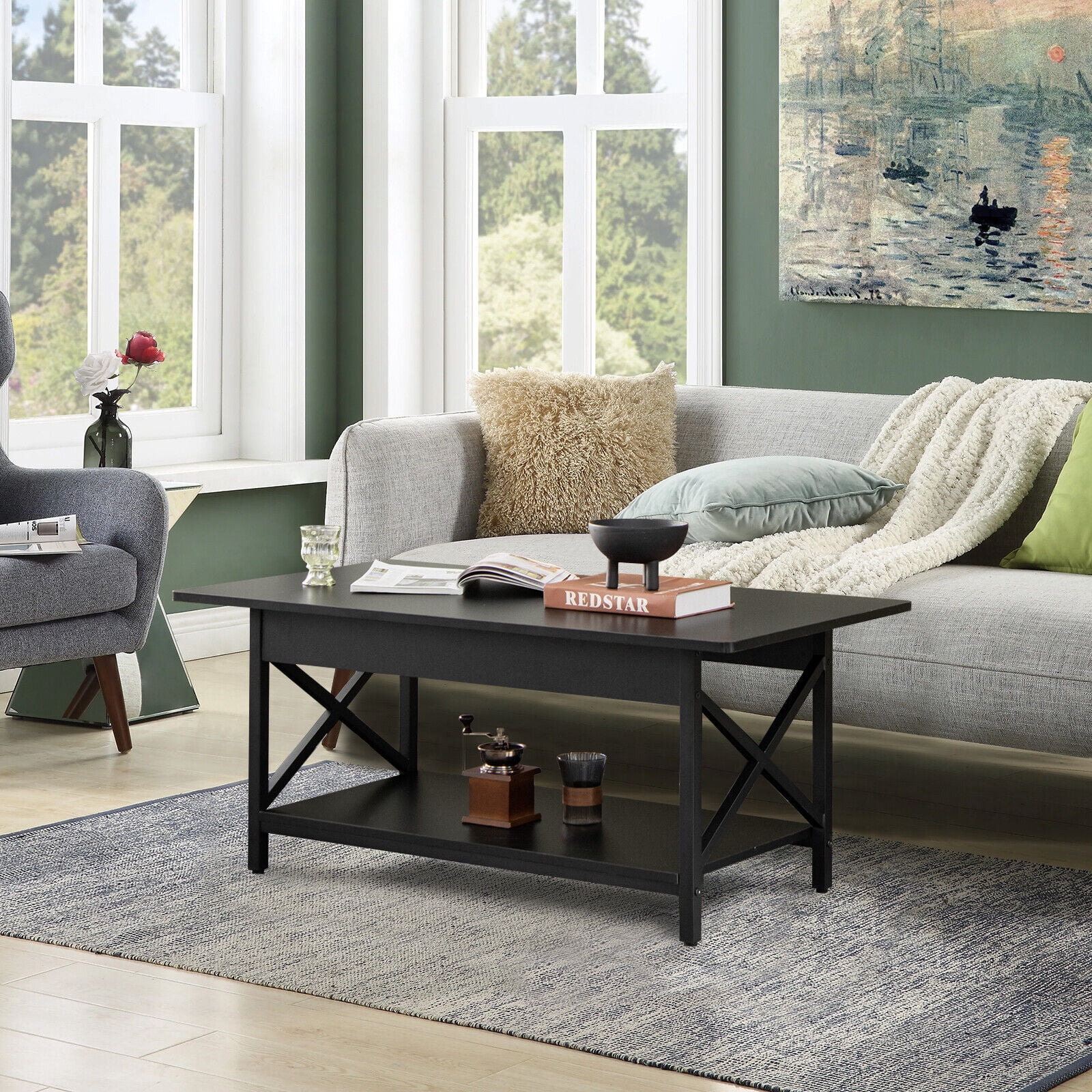Gymax Coffee Table Industrial 2-Tier w/ Storage Shelf &Storage Shelf for Living Room Black