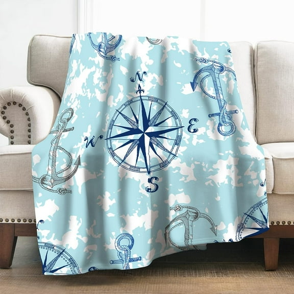Nautical Anchor Compass Blanket Gifts for Boys Women Girls, Ocean Marine Themed Decoration for Home Bedroom Living Room Sofa, Super Soft Smooth Lightweight Throw Blankets Blue 50"x60"