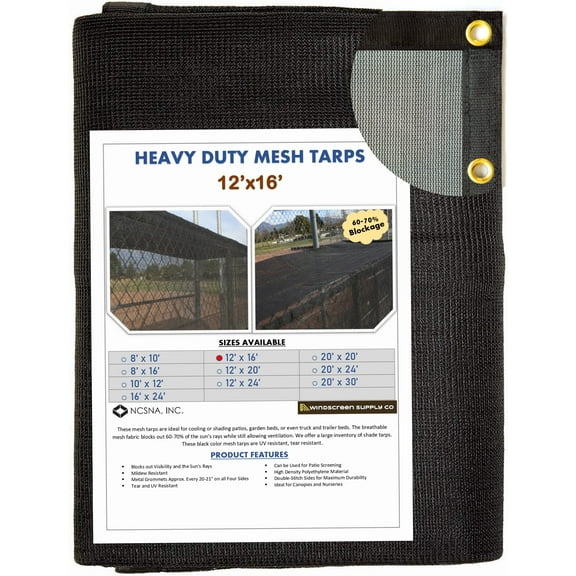 WindscreenSupplyCo Heavy Duty 12' x 16' Black Knitted Mesh Tarp with Grommets 60-70% Shade