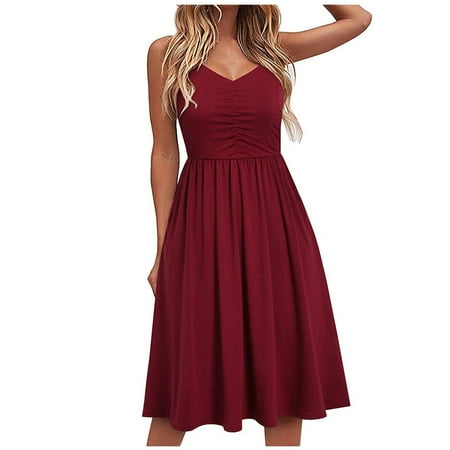 

asdoklhq Maternity Dress Women Fashion Summer Seaside Sling Sleeveless V-Neck Solid Color Casual Dress