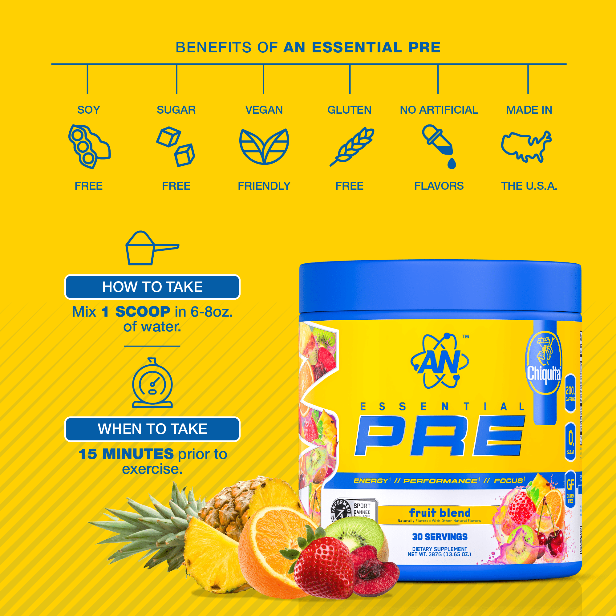 AN Supps Essential PRE Workout Powder Fruit Blend, 200mg Caffeine, No Sugar, Vegan, Gluten & Soy Free, Chiquita® Natural Flavor, Pre-Workout Energy Drink – 30 Servings