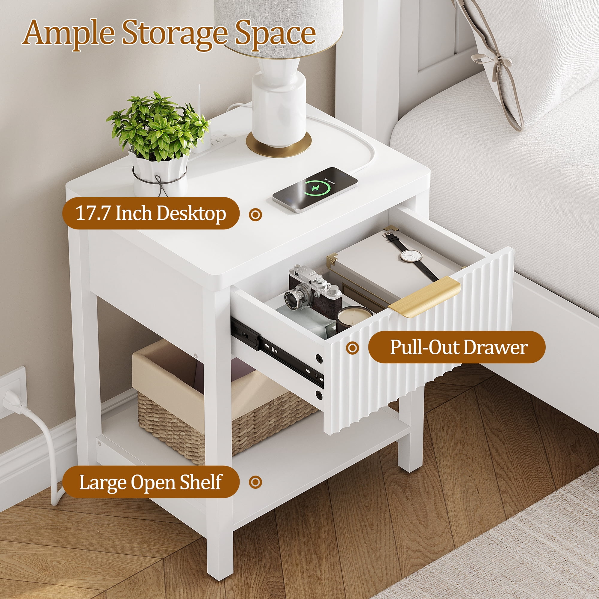 Laintene Nightstand for Bedroom Set of 2, Fluted Bedside Table with 2 AC Outlets & USB/Type-C Ports, Single Drawer & Open Shelf, Minimalist Wood End Table for Living Room, White