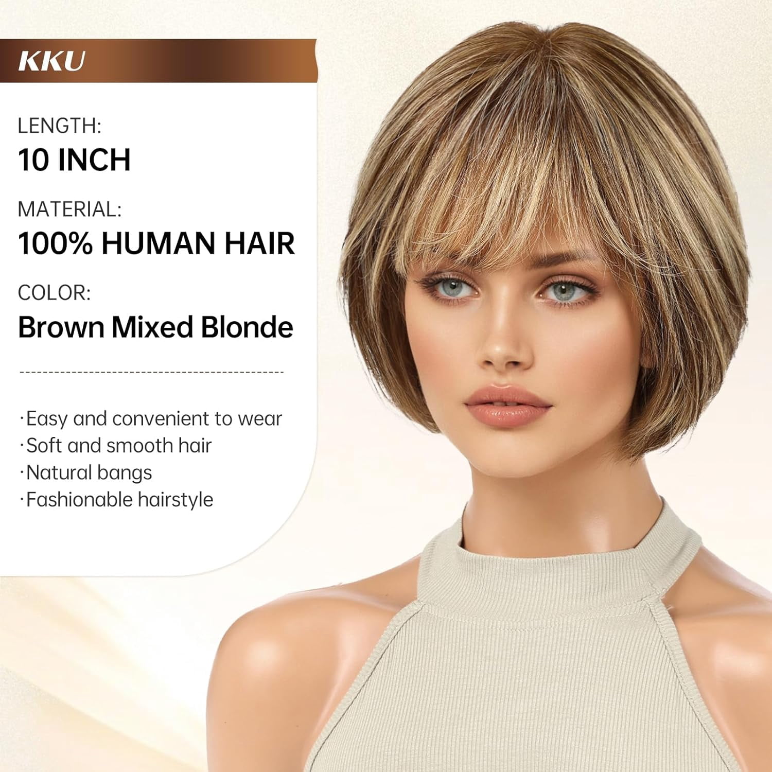 DOPI 10 Inch Brown Mixed Blonde Wigs Human Hair for Women, Remy Human Hair Wigs, Human Hair Wigs with Bangs