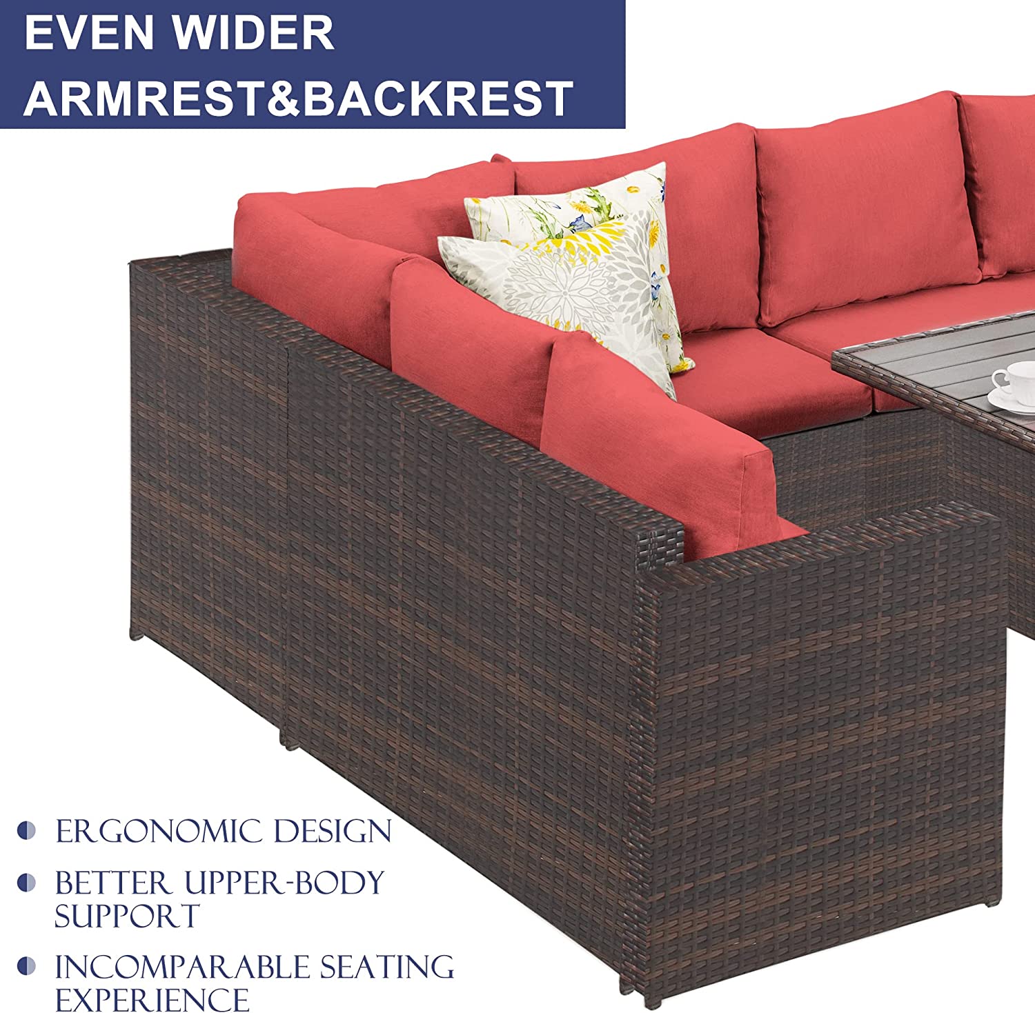 Superjoe 7 Pcs Outdoor Dining Sectional Sofa Couch All Weather Wicker Conversation Set with Table, Red