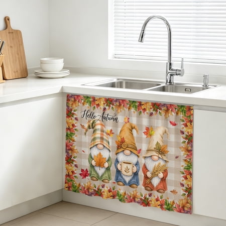 Thanksgiving Fall Cabinet Curtain Sunflower Gnomes Maple Leaf Border Brown Plaid Sink Skirt for Bathroom Under Sink shelf Curtain Privacy Drape for Kitchen Laundry Room 11x13in