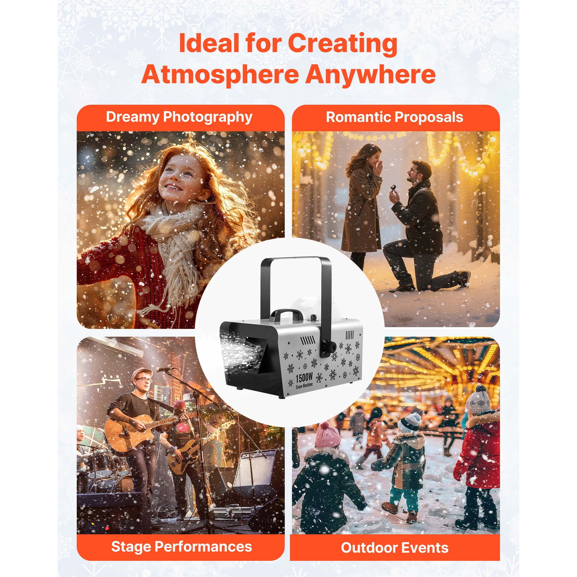 KFFKFF 1500W Snow Machine Snowmaker Machine for Events & Parties SPCC Cold‑Rolled Steel PP 5L Large Tank, 17.52x12.20x17.32 in Black