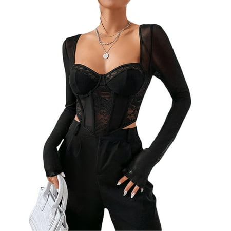 

Lieserram Women’s Spring Casual Tops Long Sleeve Lace Patchwork Asymmetrical Bustier Shirts