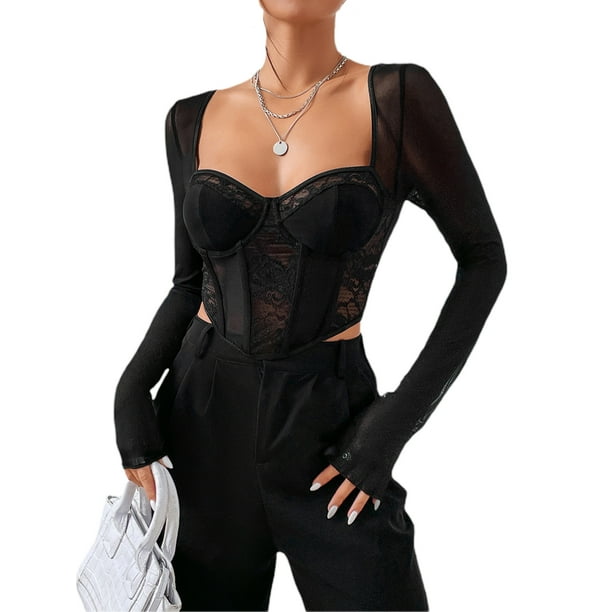 WIFORNT Women?s Corset Crop Tops, Long Sleeve Lace Patchwork Solid Color  Asymmetrical Bustier T-Shirts