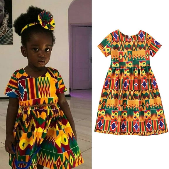 African Toddlers Kids Dress For Girls Short Sleeve Round Neck Loose Fit Dress Summer Spring Fall Daily Streetwear Dresses For Girls Multicolor 12-18 M