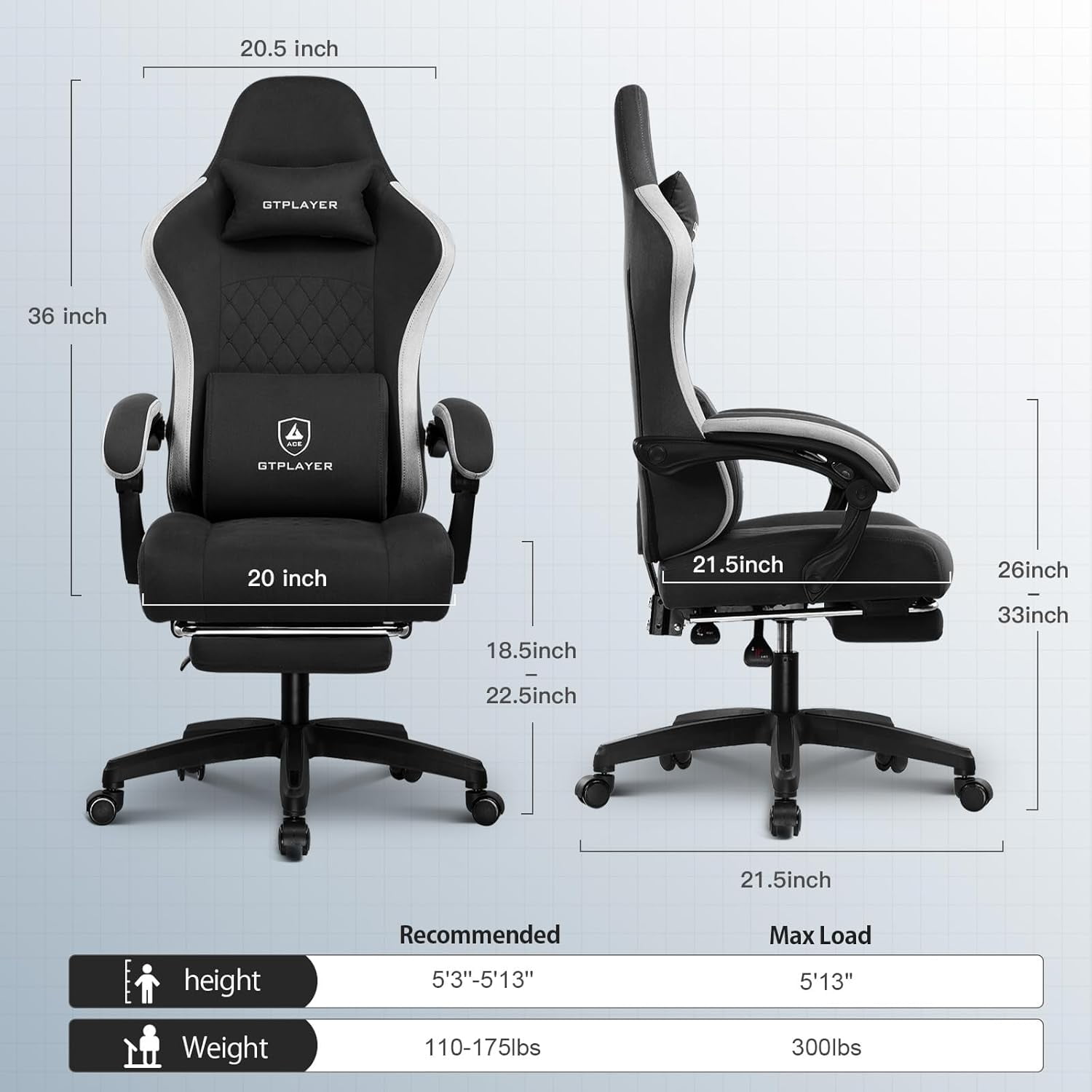 GTPLAYER Ergonomic High Back Pocket Spring Cushion Gaming Chair with Footrest & Linkage Armrests, Black