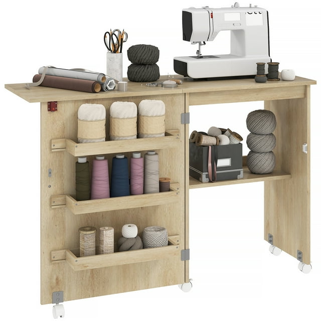 HOMCOM Folding Sewing Table Mobile Sewing Machine Cabinet Nature Wood