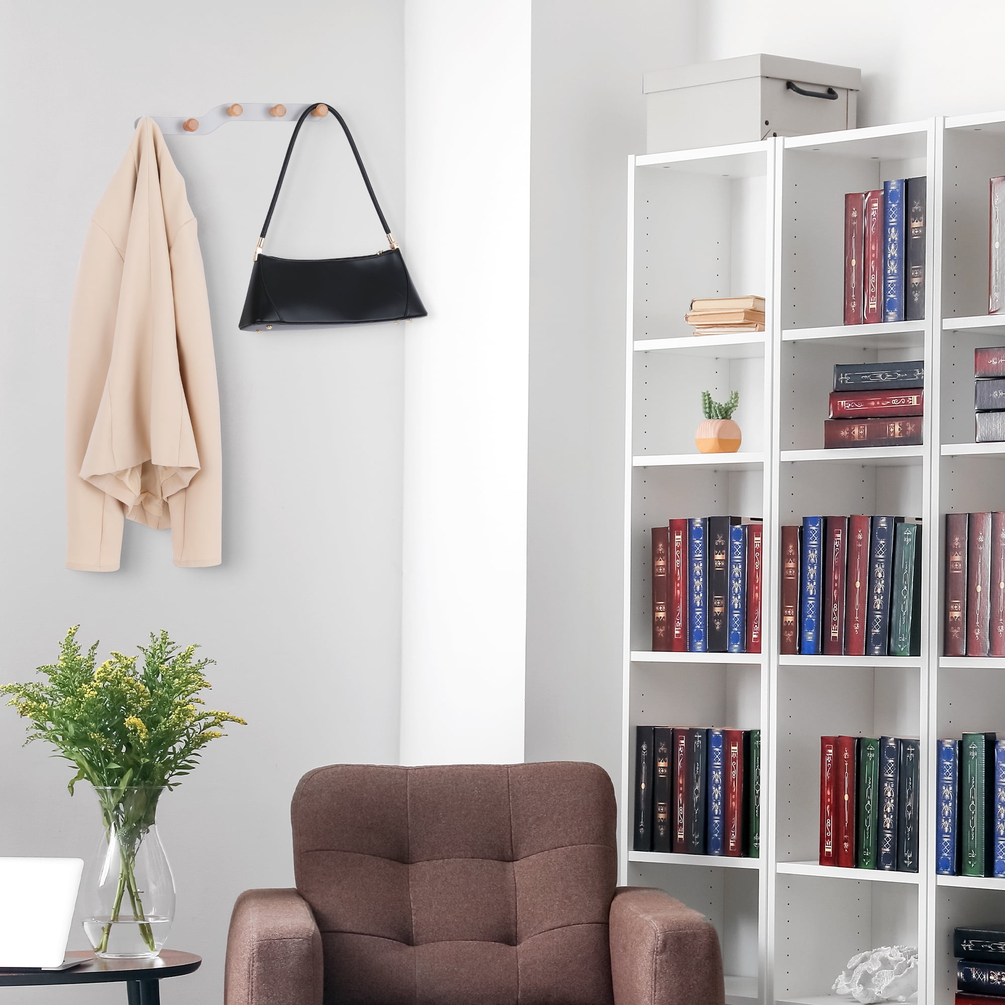 Unique Bargains Coat Rack Wall Mount Metal Wood Coat Hook for Hanging with 5 Hooks Gray