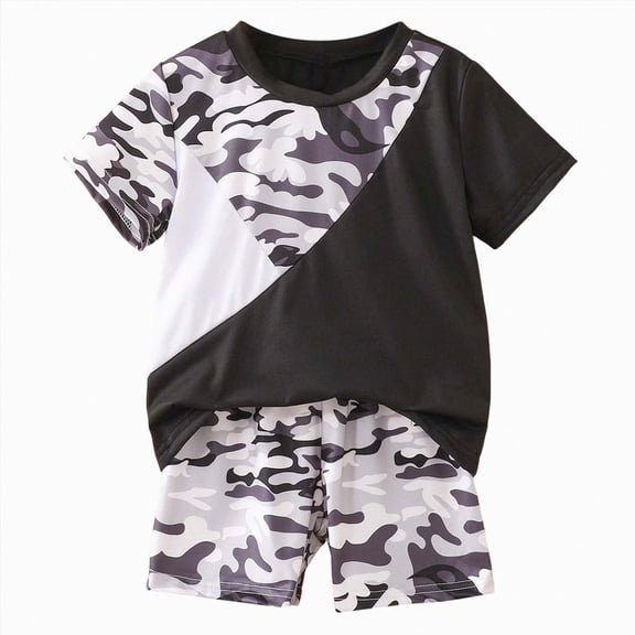 Kids Boys Clothing Sets Cute Camouflage Print Graphic T-Shirt & Drawstring Shorts 2-Piece Outfit Boys Outdoor Adventure 2-11 T