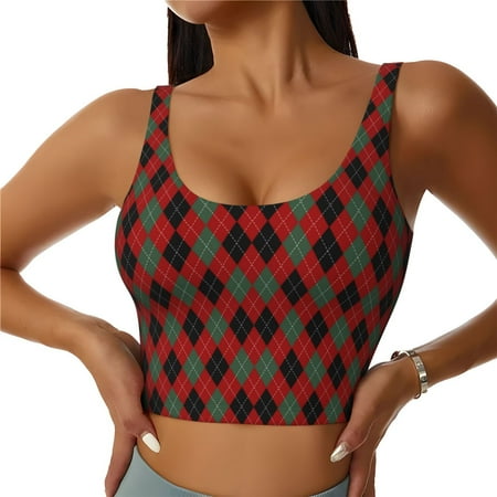 Cauagu Argyle Plaid Pattern Sports Bras for Women Round Neck Sports Bra Workout Crop Tank Tops Padded with Built in Shelf-Large
