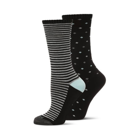 Wellfit 2 Pair Diabetic Dots/Stripes Half Cushion Crew Socks, 9-11, Black